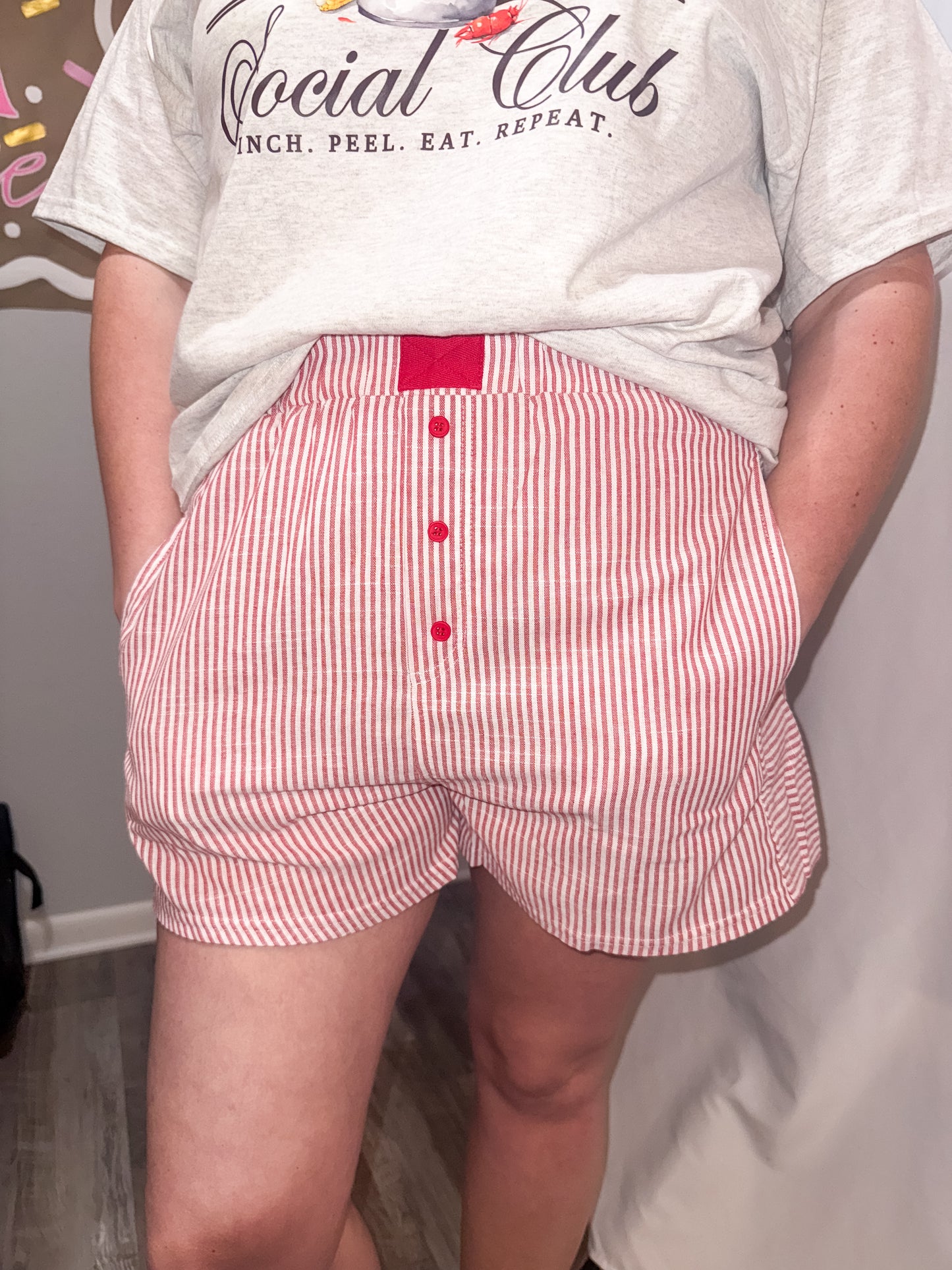 Red striped boxer shorts