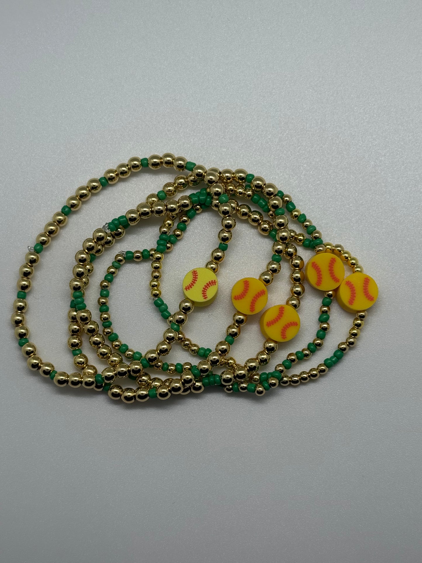 Green & gold softball beaded bracelet